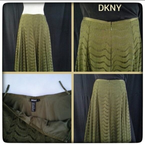 DKNY Olive Green A-Line Lace Skirt Sz 6 Academia Basic Holiday Party Preppy Work - Picture 1 of 9